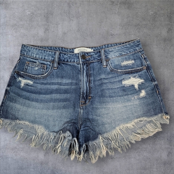 Hidden Medium Wash High Rise Fringed Distressed Jean Shorts Size Large Women K46 - Picture 1 of 11